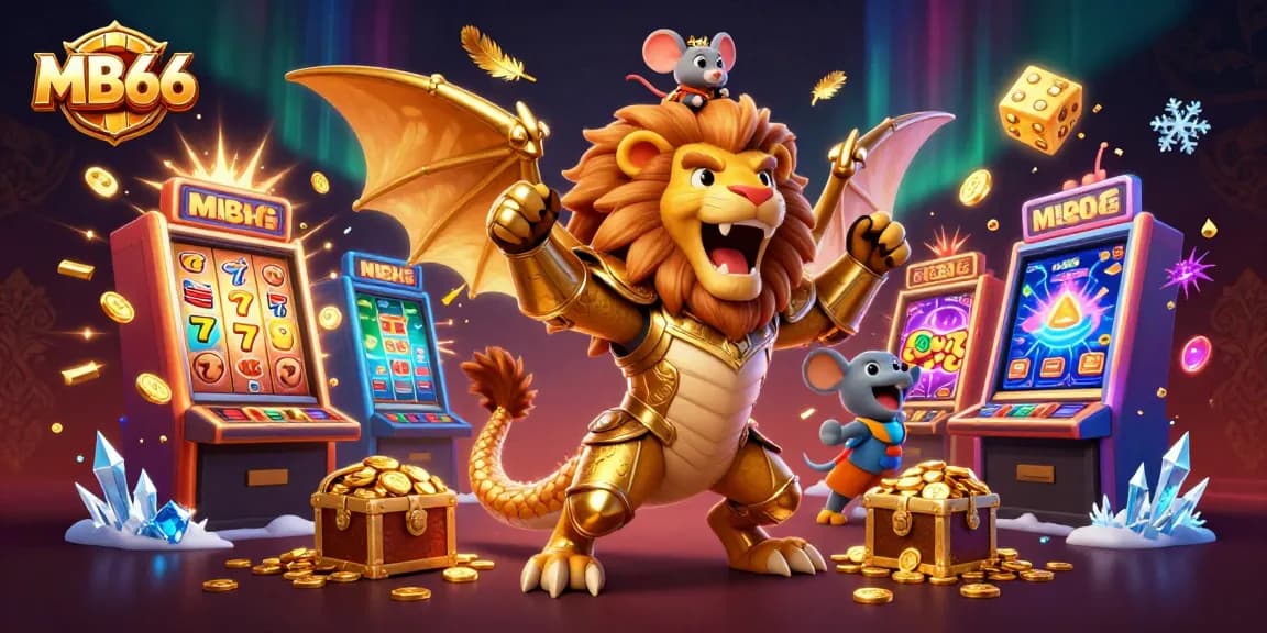 Experience the thrill of MB66 with a chimera creature and jackpot explosions in a vibrant casino scene.