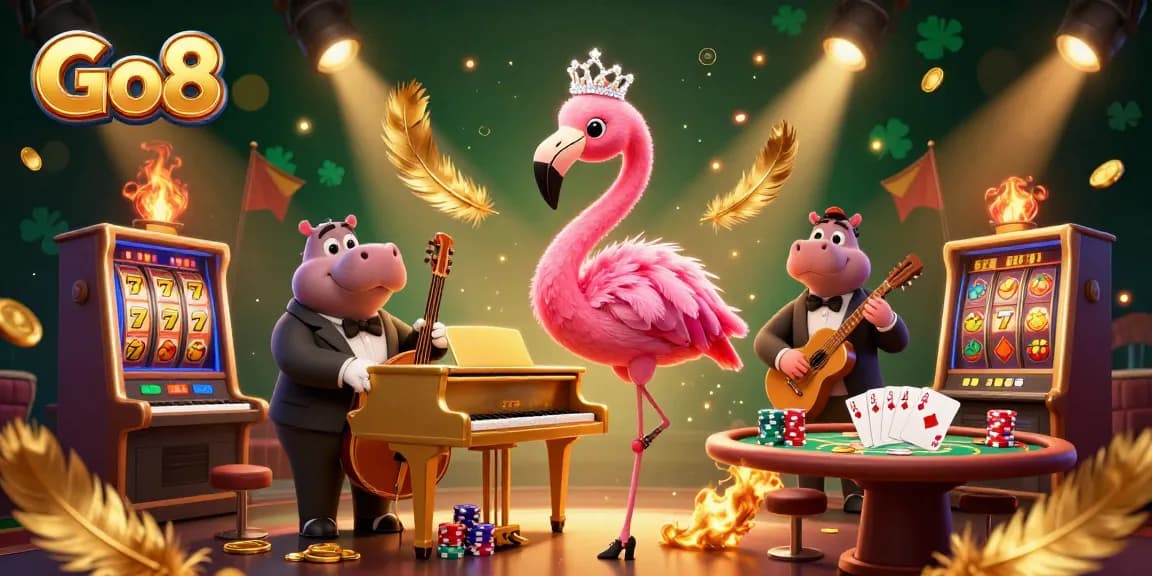Engage with Go8's vibrant casino atmosphere featuring lively characters and dynamic game elements.
