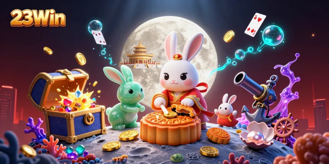 Experience the thrill of 23Win with a captivating scene of a moon rabbit among casino treasures.