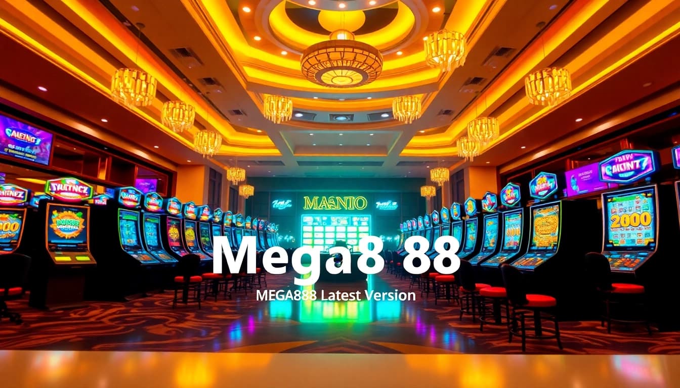 Menunjukkan permainan Mega888 latest version dengan penuh keseronokan di kasino yang meriah.