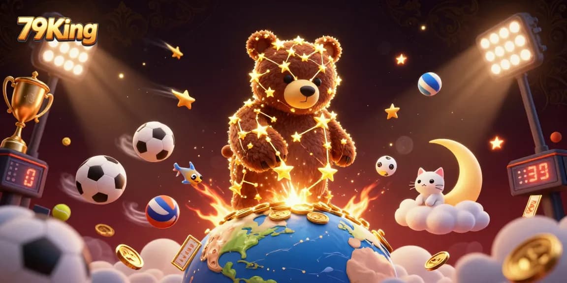 79King showcases a dynamic scene with a constellation bear collecting coins, symbolizing exciting online gambling.