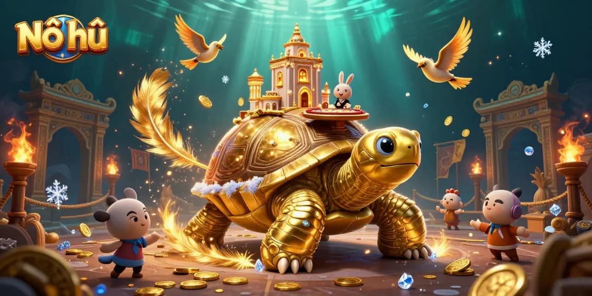 Nổ hũ spinning with golden tortoise in a vibrant casino design, showcasing rich gambling elements.
