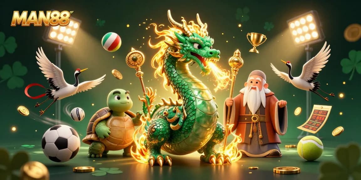 Experience MAN88's thrilling casino adventure with a dynamic scene of a jade dragon and lucky symbols.