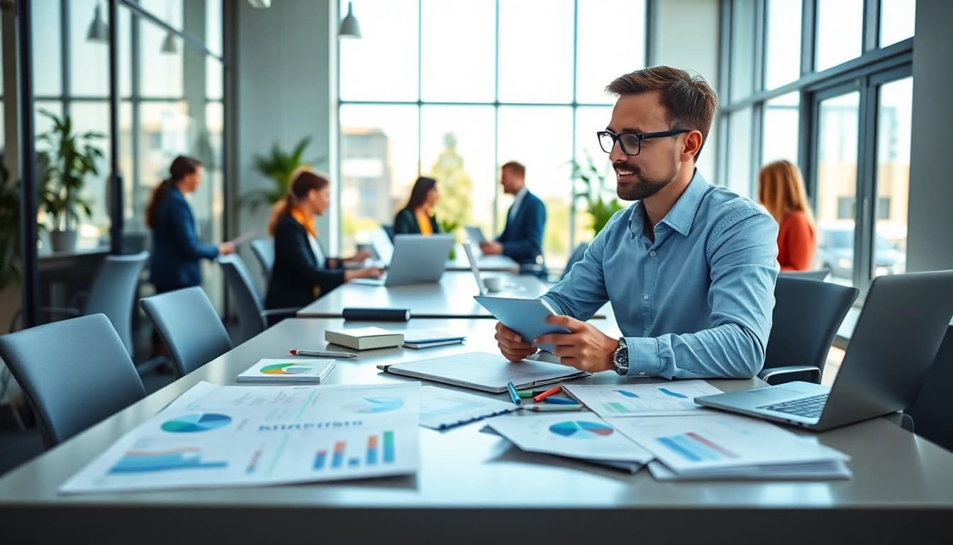 Marketing strategist analyzing data in a collaborative workspace with bright lighting.