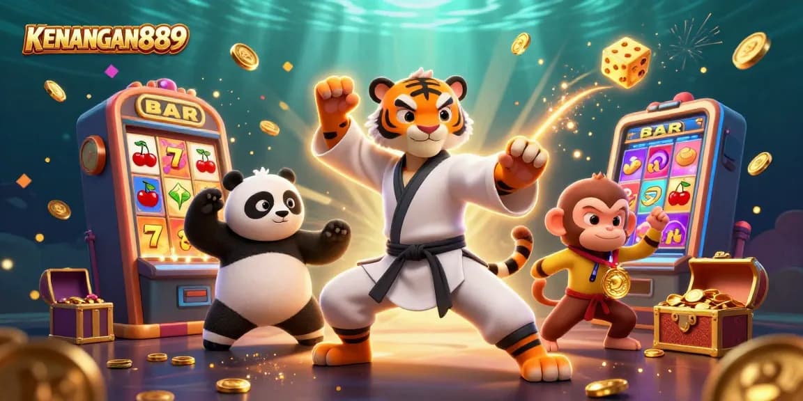 Experience KENANGAN889 with exciting casino action featuring a kung fu tiger and playful characters.