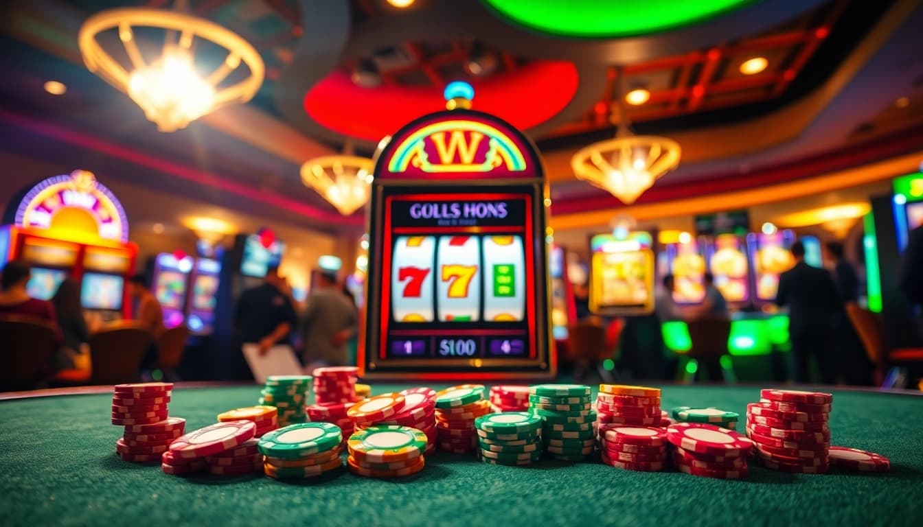 arushoki menampilkan mesin slot dengan chip berwarna cerah di casino yang ramai