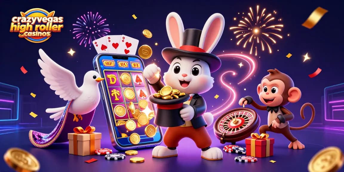 Experience the magic of crazyvegas high roller casinos with a dazzling 3D casino scene featuring a magician, dove, and monkey