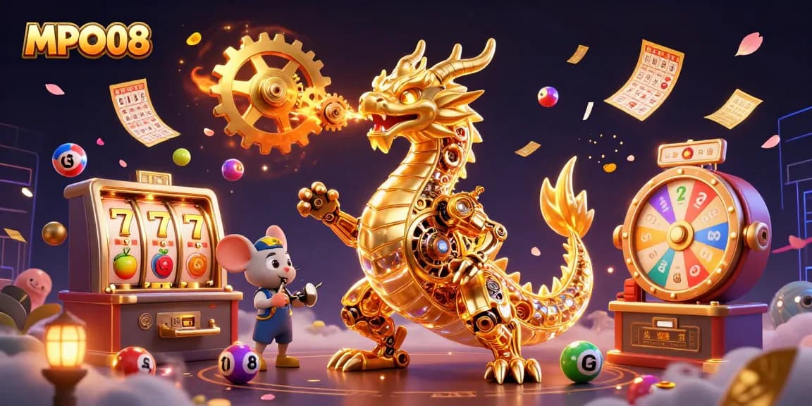 MPO08 slots come alive with a golden dragon, spinning reels, and vibrant lottery elements.