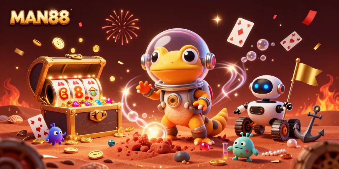 Engage with the vibrant world of MAN88 featuring a Martian gecko finding treasures in a golden casino.