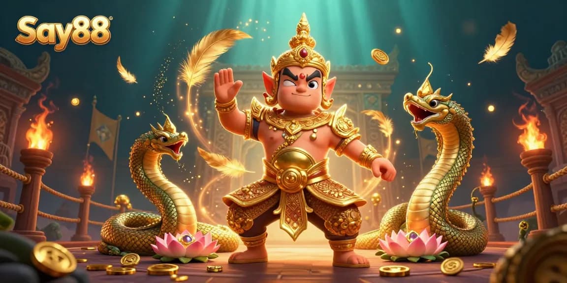 Experience the vibrant action of Say88, featuring a guardian and Naga companions in a lively casino scene.