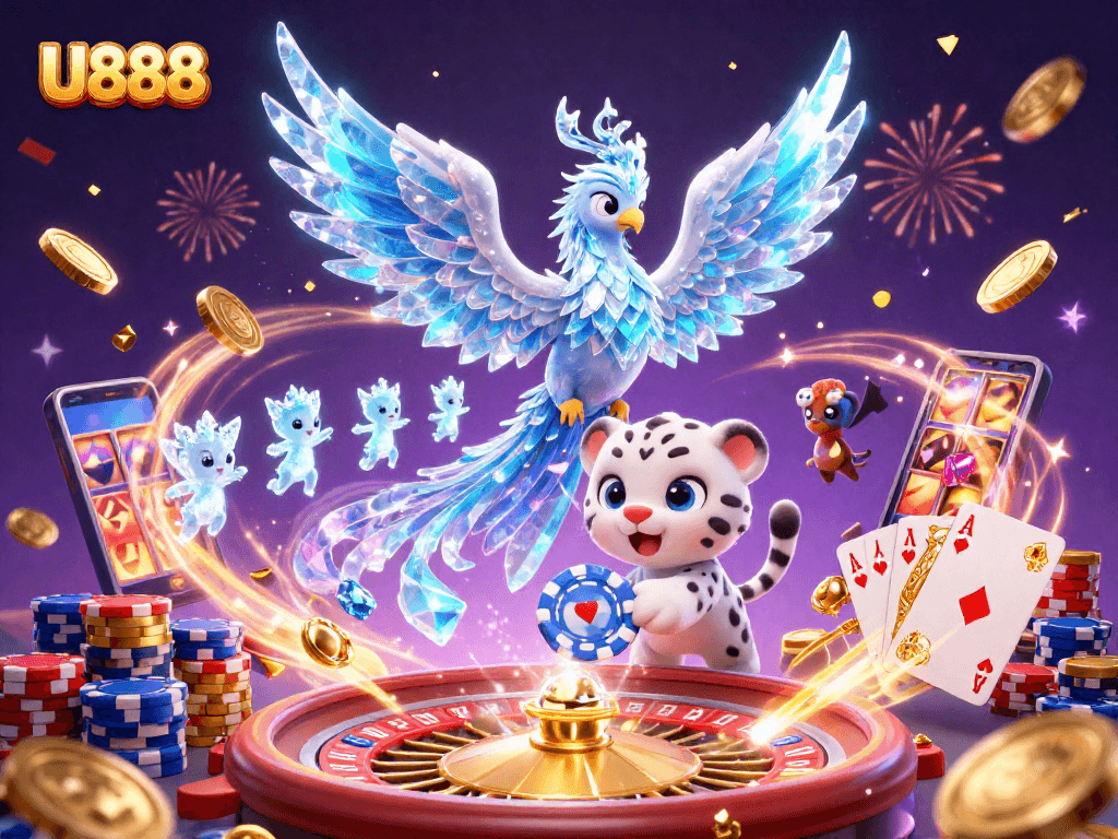 U888 showcases an ice phoenix and snow leopard cub amid vibrant casino elements and glowing sprites.