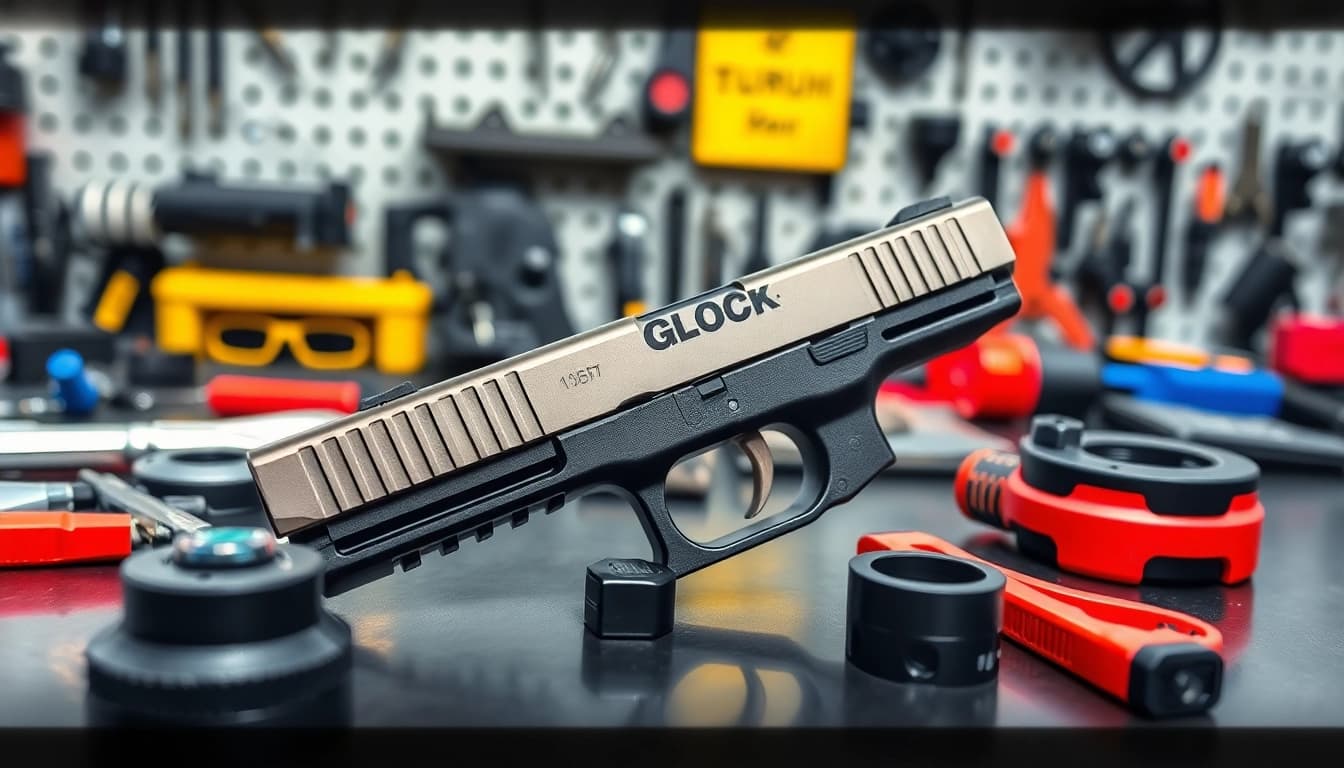 Showcasing the glock 43x mos oem slide with a sleek design in a bright workspace.