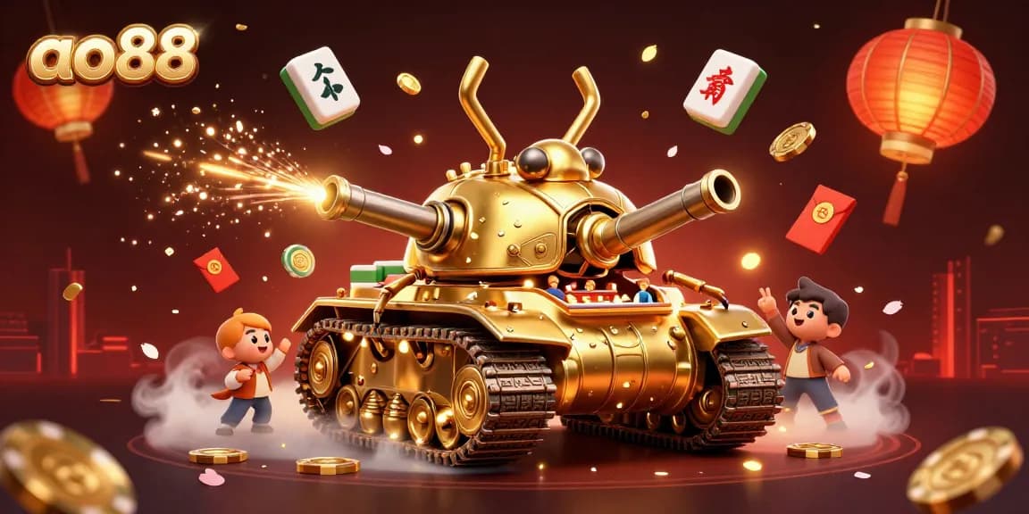Spin the reels with ao88 in this vibrant 3D casino battle scene featuring a golden beetle tank.