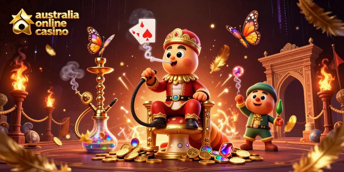A dynamic scene of an enormous caterpillar in a Turkish sultan outfit, blowing smoke rings forming poker symbols, embodying the essence of australia online casino with vivid game elements.