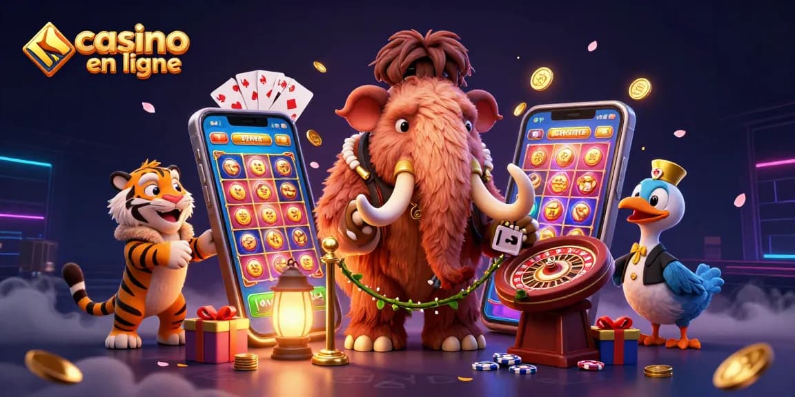 Vivez l'expérience de casino en ligne avec notre illustration captivante réunissant un gardien mammouth, un tigre VIP et un dodo protecteur.