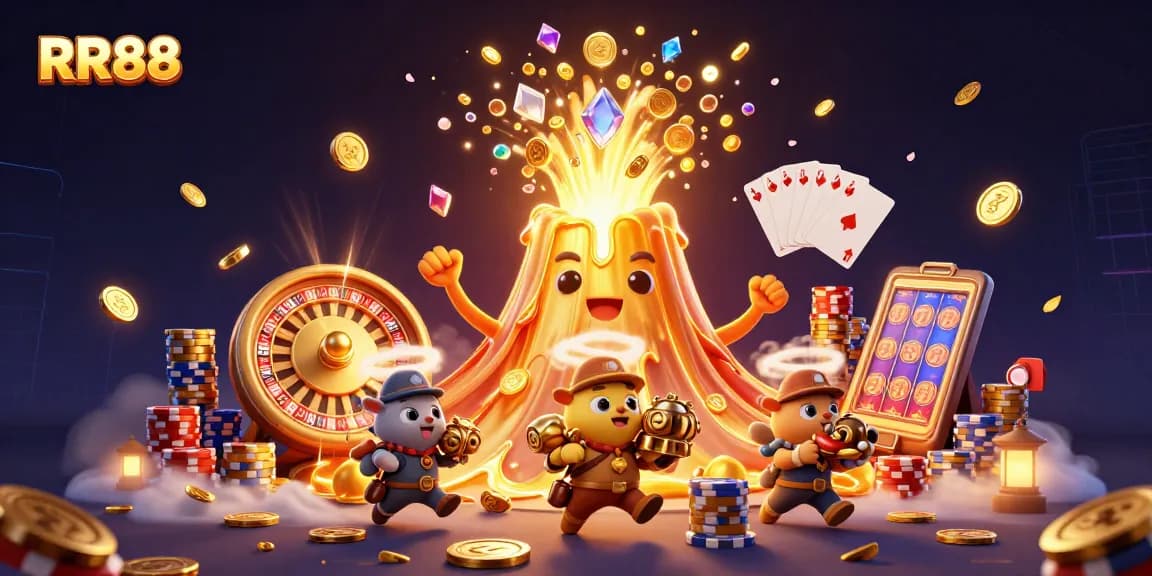 Experience thrilling wins at RR88 with a 3D illustration of a golden volcano erupting treasures and excitement.