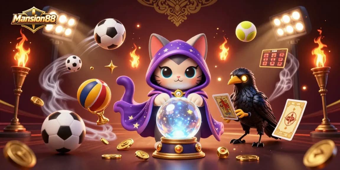 Bet on Mansion88 with a dynamic scene featuring mystical characters and sports elements.