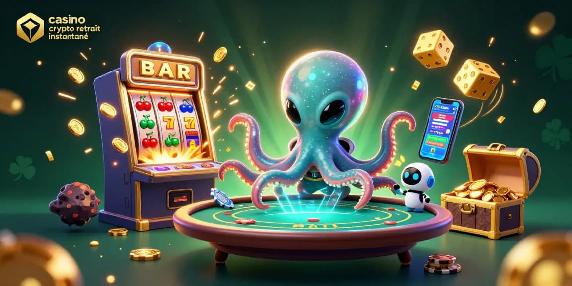 Le casino crypto retrait instantané avec des gains rapides grâce à un octopus extraterrestre et un robot sur un tableau de poker.