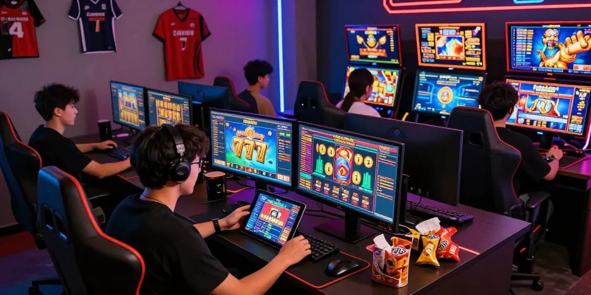 Exciting online slot gacor 777 gaming environment with players celebrating wins on computers and tablets.