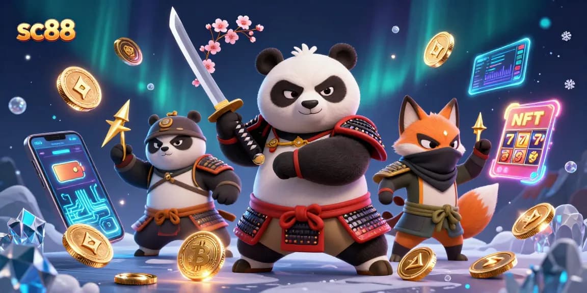 Join the excitement at sc88 with vibrant slot reels and a dynamic samurai panda illustration.