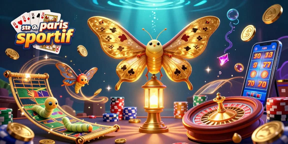Plongez dans le monde du site de paris sportif avec une illustration dynamique de casinos, pièces d'or et jeux de cartes.