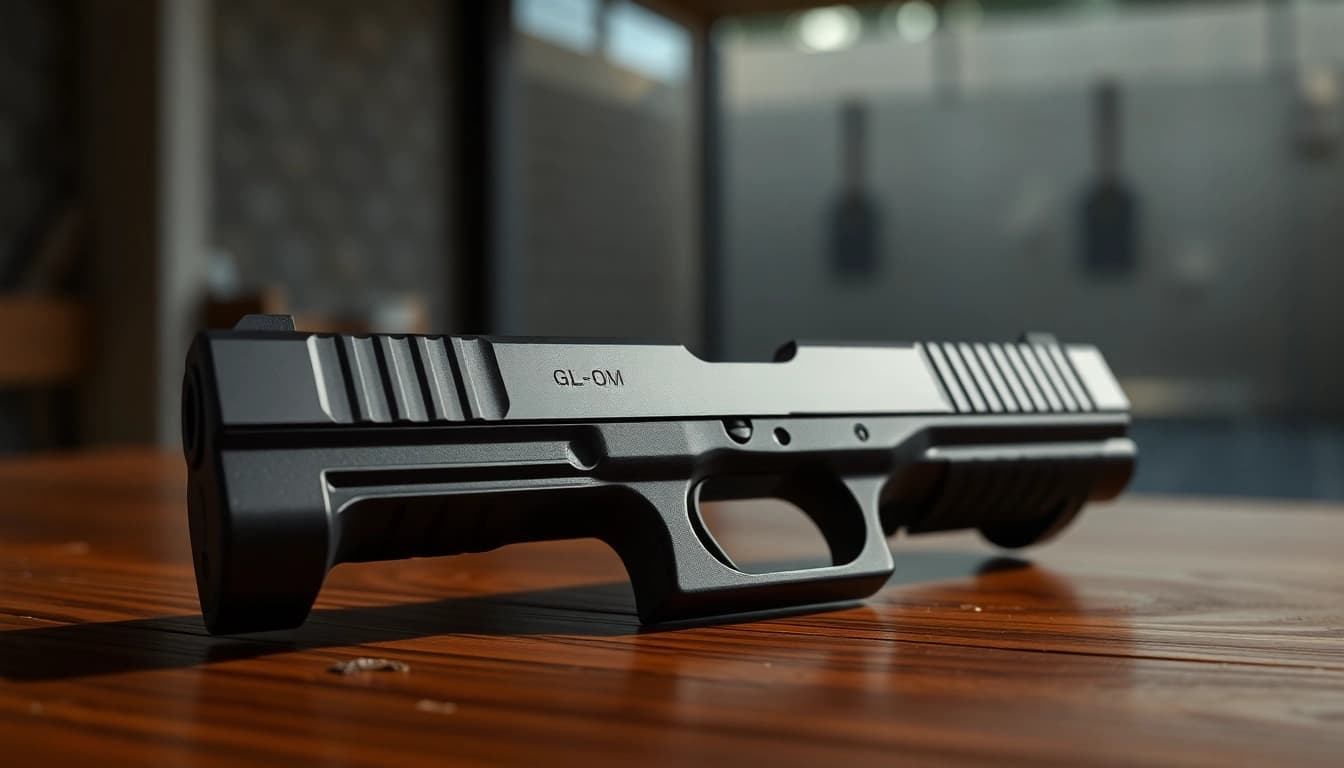 Showcasing a glock 19 oem slide on a wooden table, emphasizing its sleek metallic design.