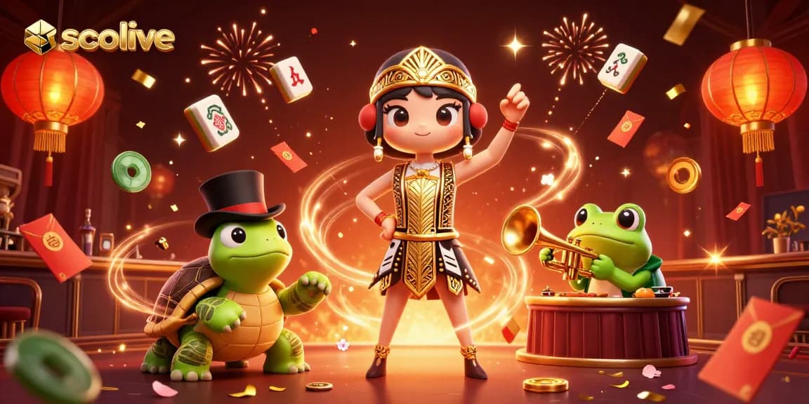 Socolive offers vibrant online gambling experiences, showcased by 3D characters in a dazzling promotional scene.