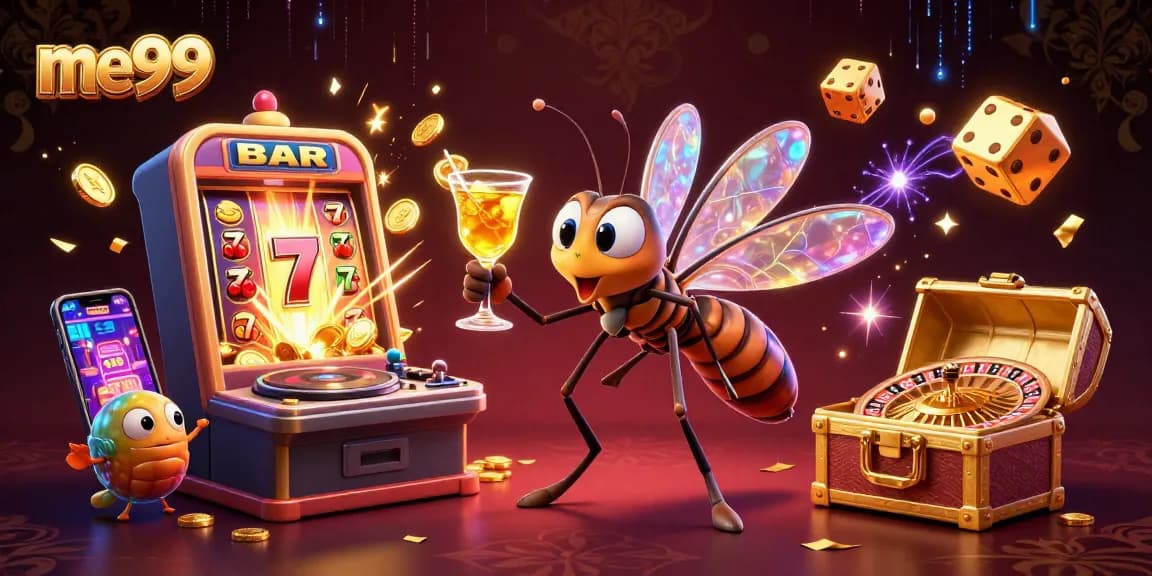 Experience thrilling gaming with me99's lively casino scene featuring a unique mosquito mascot and vibrant game elements.