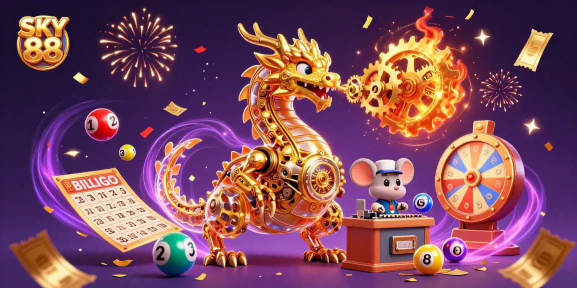 Play exciting games with SKY 88 amidst colorful lottery elements and a golden dragon.