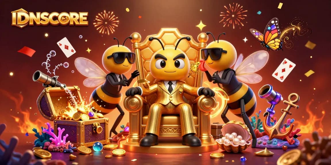 Join the excitement at IDNSCORE as the bumblebee mob boss announces dazzling jackpots amidst treasure and cards.