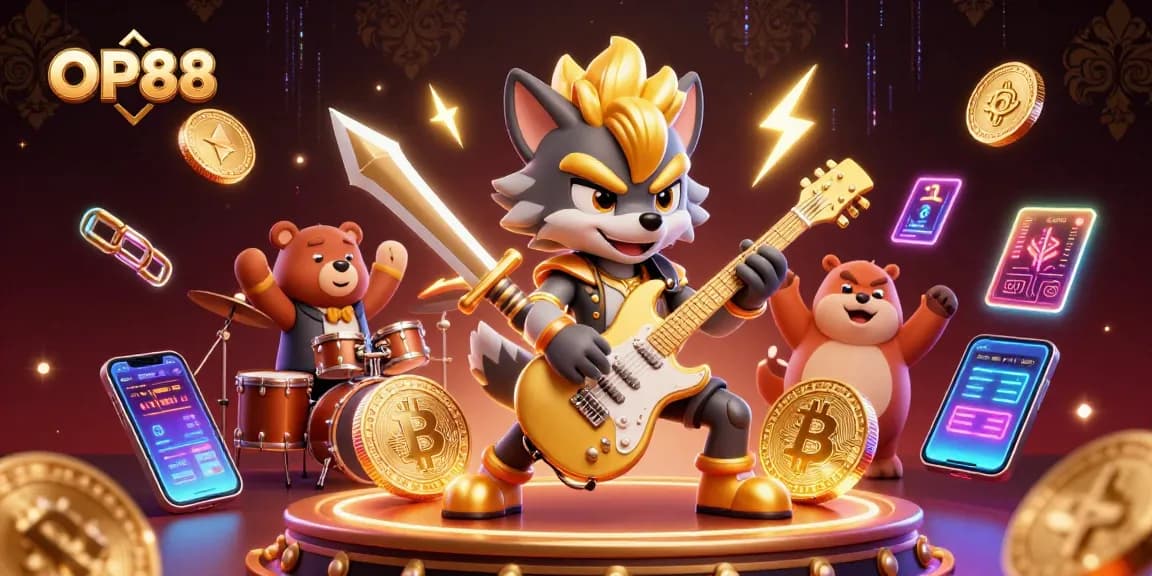 Engage with OP88 in a lively casino scene featuring animated characters showcasing vibrant gaming elements.
