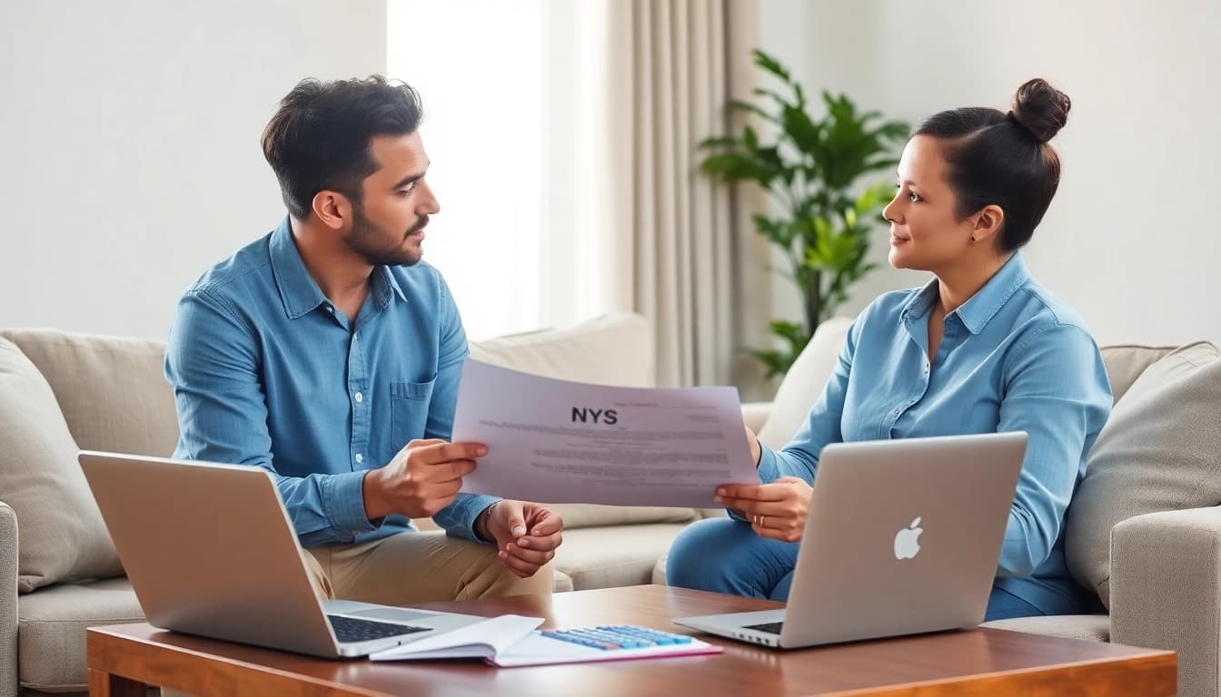 Discussing NYS child support percentage in a warm living room setting with focused parents.