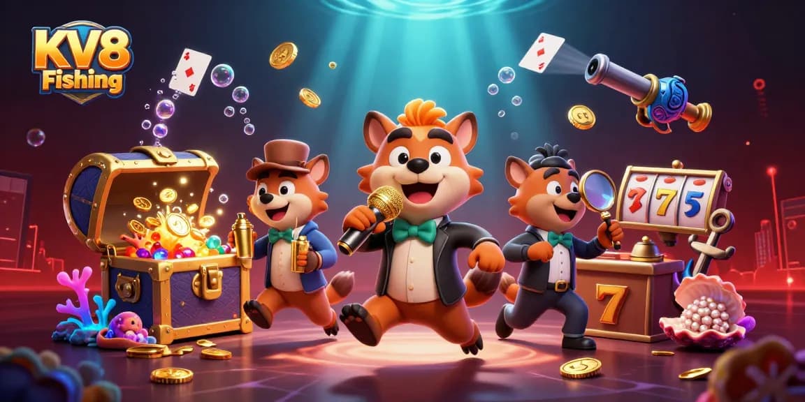Experience the thrill of KV8 Fishing at our vibrant casino club featuring animated hyena characters.