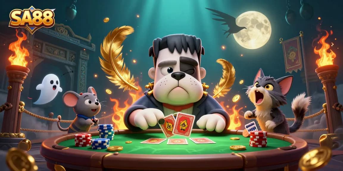 Betting at SA88, a ghost mouse floats through chips while a bulldog monster deals cards.