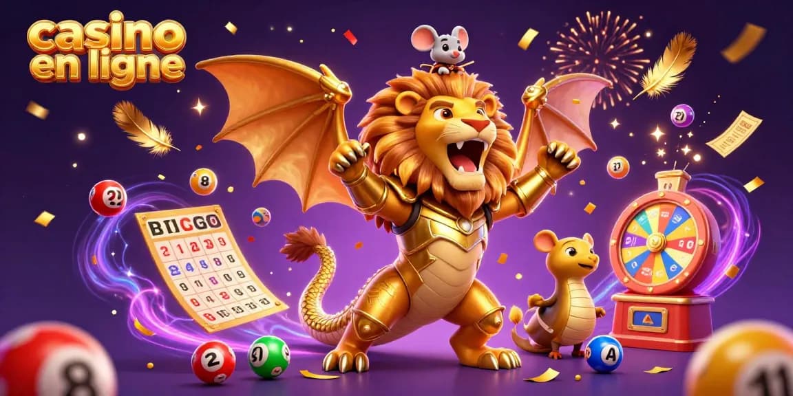 Illustration vibrante de casino en ligne avec des boules de loterie et une chimère triomphante.