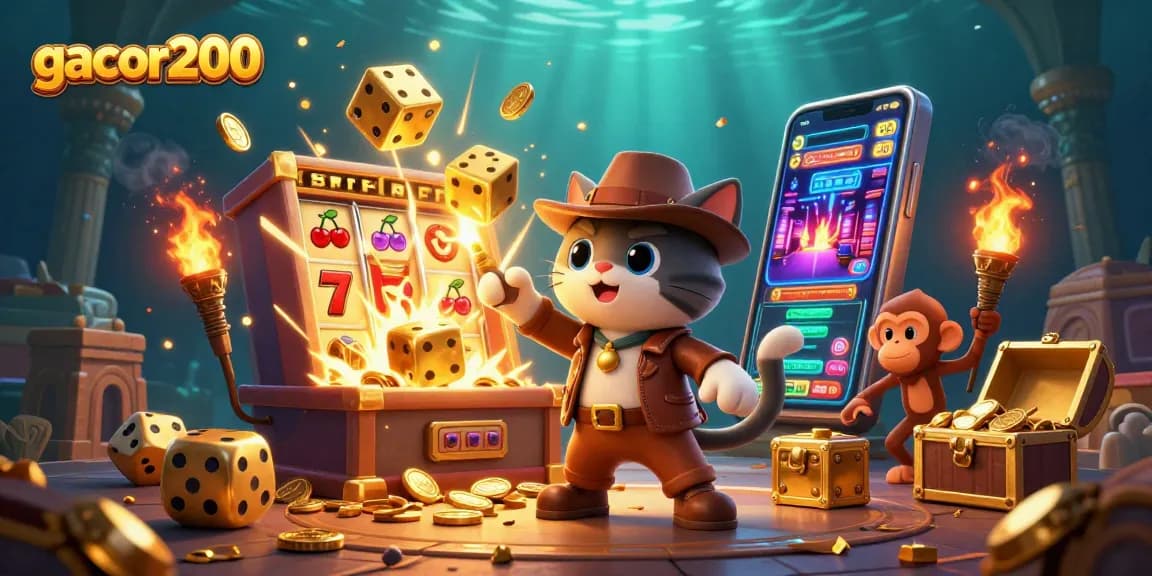 Gacor200 menampilkan eksplorasi slot online dengan kucing arkeolog dan teman monyet yang menyoroti progres jackpot besar