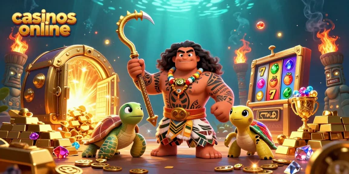 Gana en casinos online con una ilustración animada 3D de un dios Maui y su tortuga.
