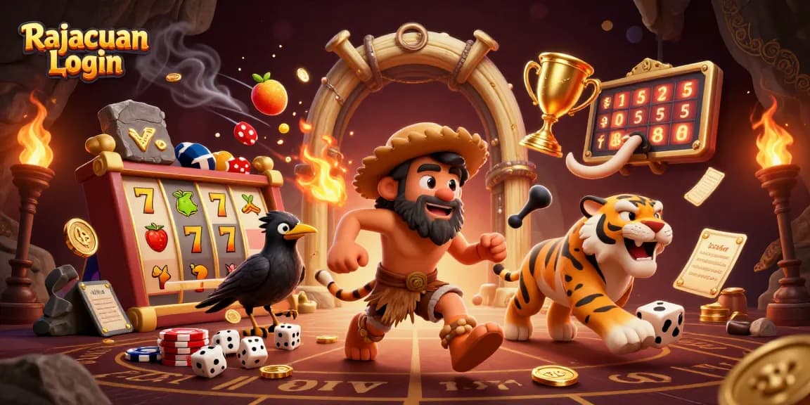 Permainan Rajacuan Login dengan simbol slot dan karakter unik dalam kasino yang mengasyikkan