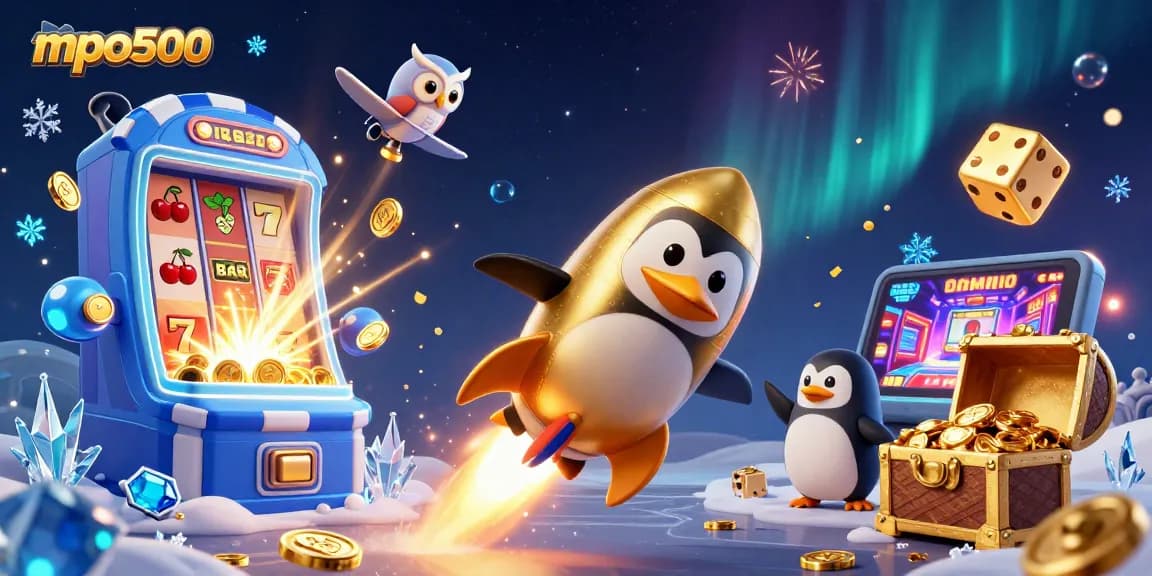 Experience gaming excitement with mpo500 showcasing a golden penguin and casino elements in outer space.