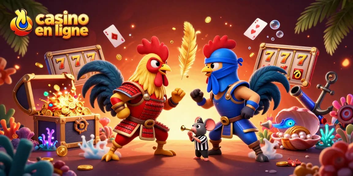 Les coqs en bataille dans un casino en ligne avec des éléments de jeu et des joyaux scintillants.
