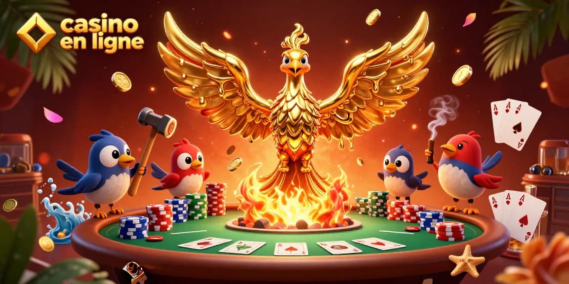Illustration d'un phoenix doré sur un casino en ligne, entouré de jetons de poker et de cartes.