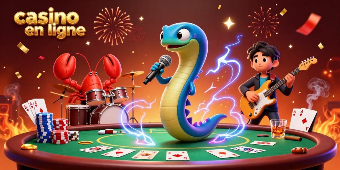 Plongez dans l'univers du casino en ligne avec une scène festive de jeu et de musique.