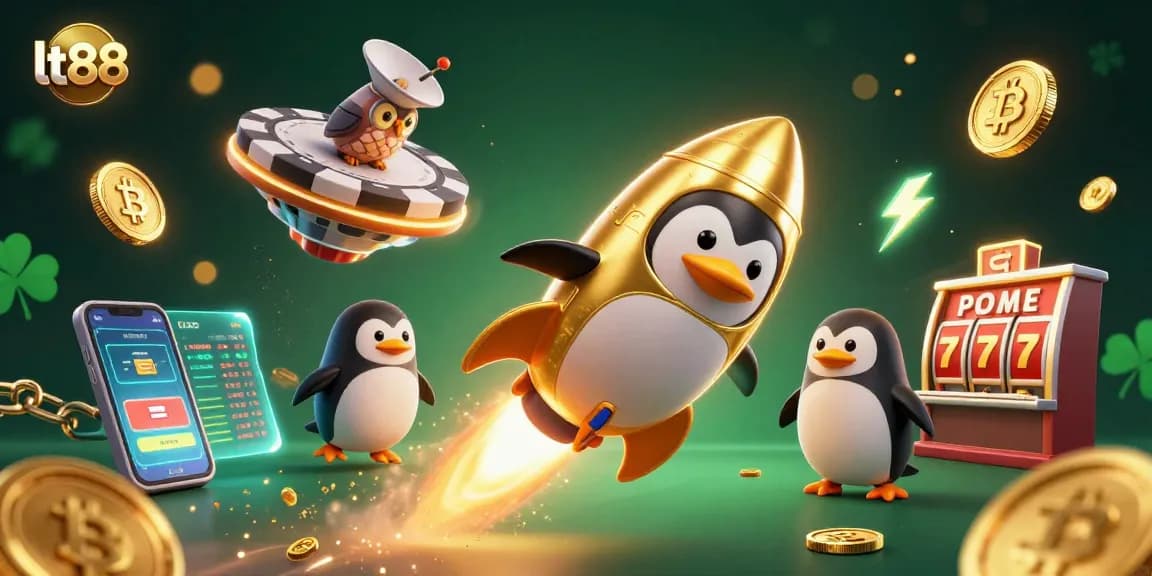 Experience thrilling jackpots with lt88's golden penguin racing toward a vibrant casino space.