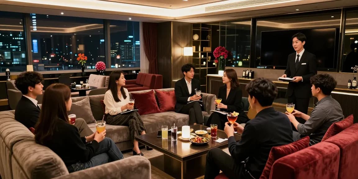 강남 구구단의 고급스러운 룸에서 손님과 매니저들이 함께 즐기는 모습