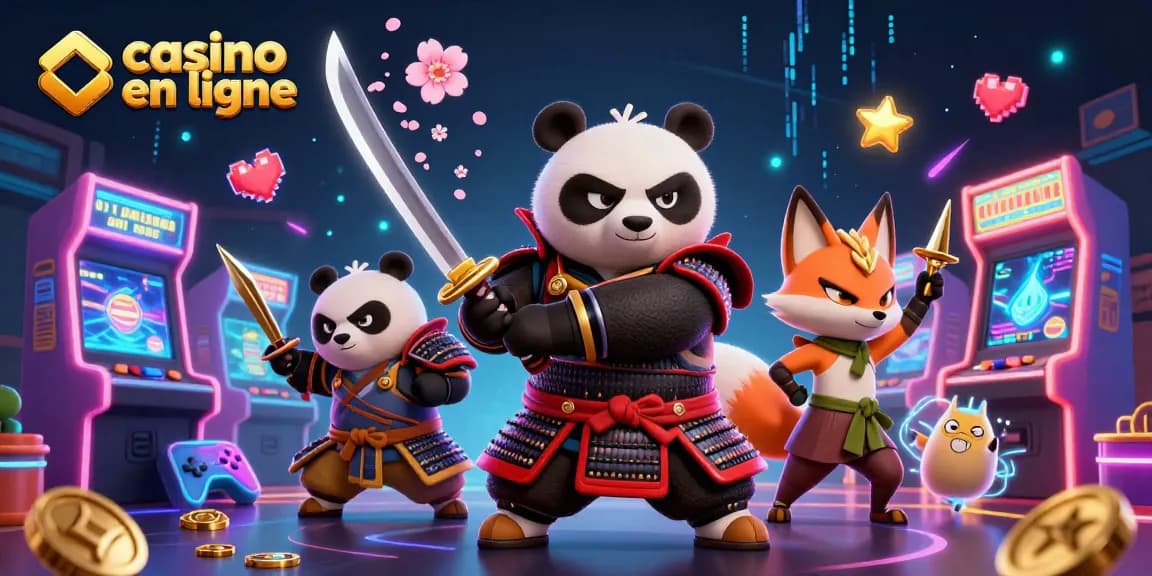 Profitez des jeux de casino en ligne avec un panda samouraï et un renard ninja au casino virtuel.