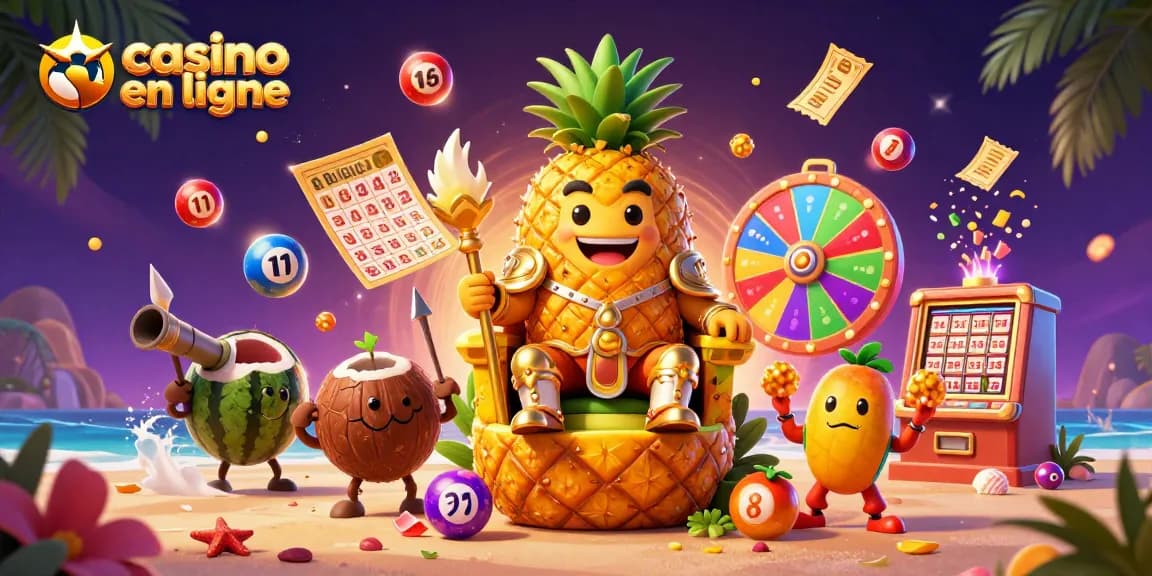 Vivez l'excitation du casino en ligne avec le roi ananas et ses gardes sur fond vibrant.