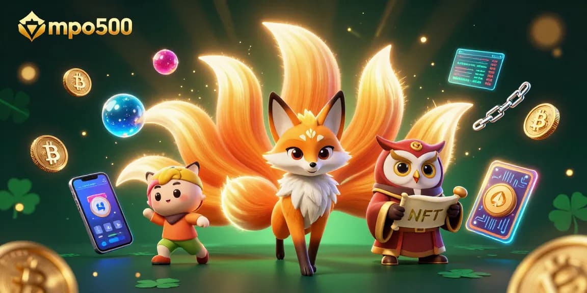 Experience mpo500 in a vibrant 3D illustration showcasing a magical fox spirit amidst glowing cryptocurrency elements.