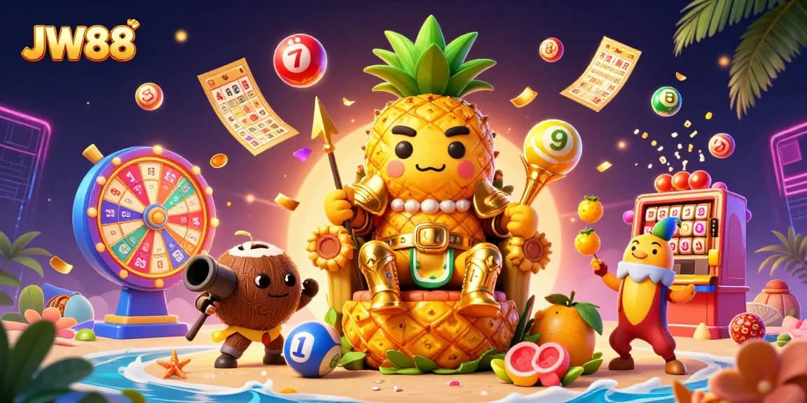 JW88 casino illustration showcasing a vibrant beach scene with characters engaging in lottery activities and dynamic game elements.