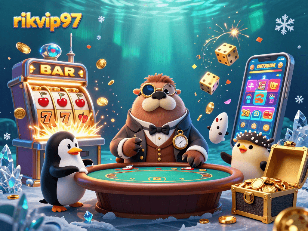 Experience rikvip97 with a jolly walrus and friends at an underwater poker table, bursting with casino excitement.