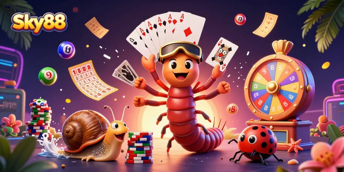 Experience vibrant action on Sky88 with a cartoon millipede dealer and high-rollers in this casino illustration.
